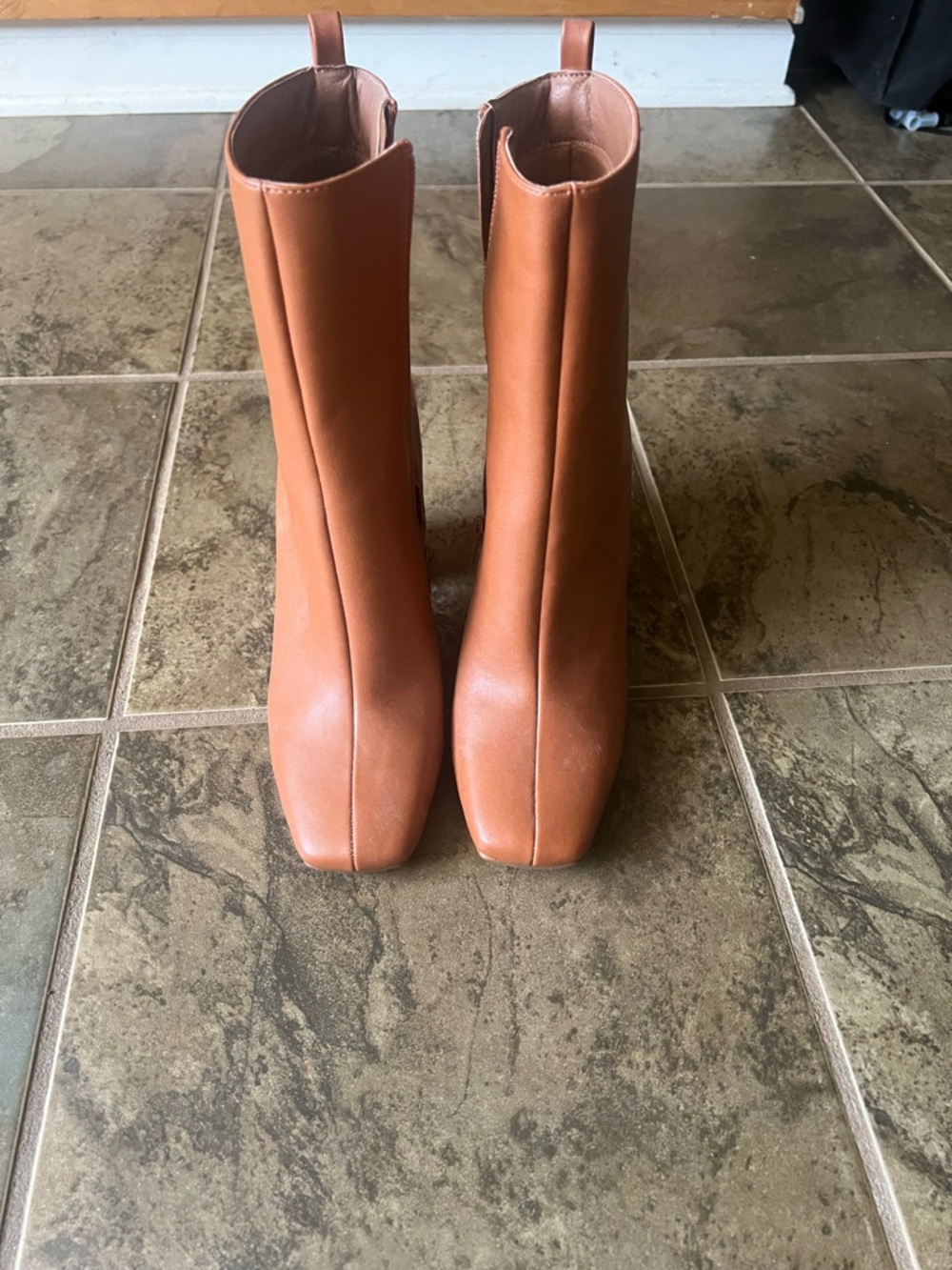 SHEIN Cognac Square-Toe Mid-Calf Block Heel Boots